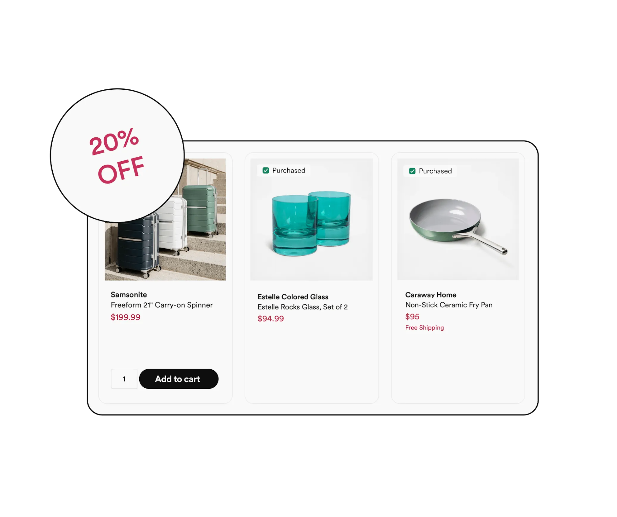 Screenshot of a sample wedding registry website, featuring Samsonite carry-on luggage, Estelle colored glasses, and a Caraway Home fry pan.