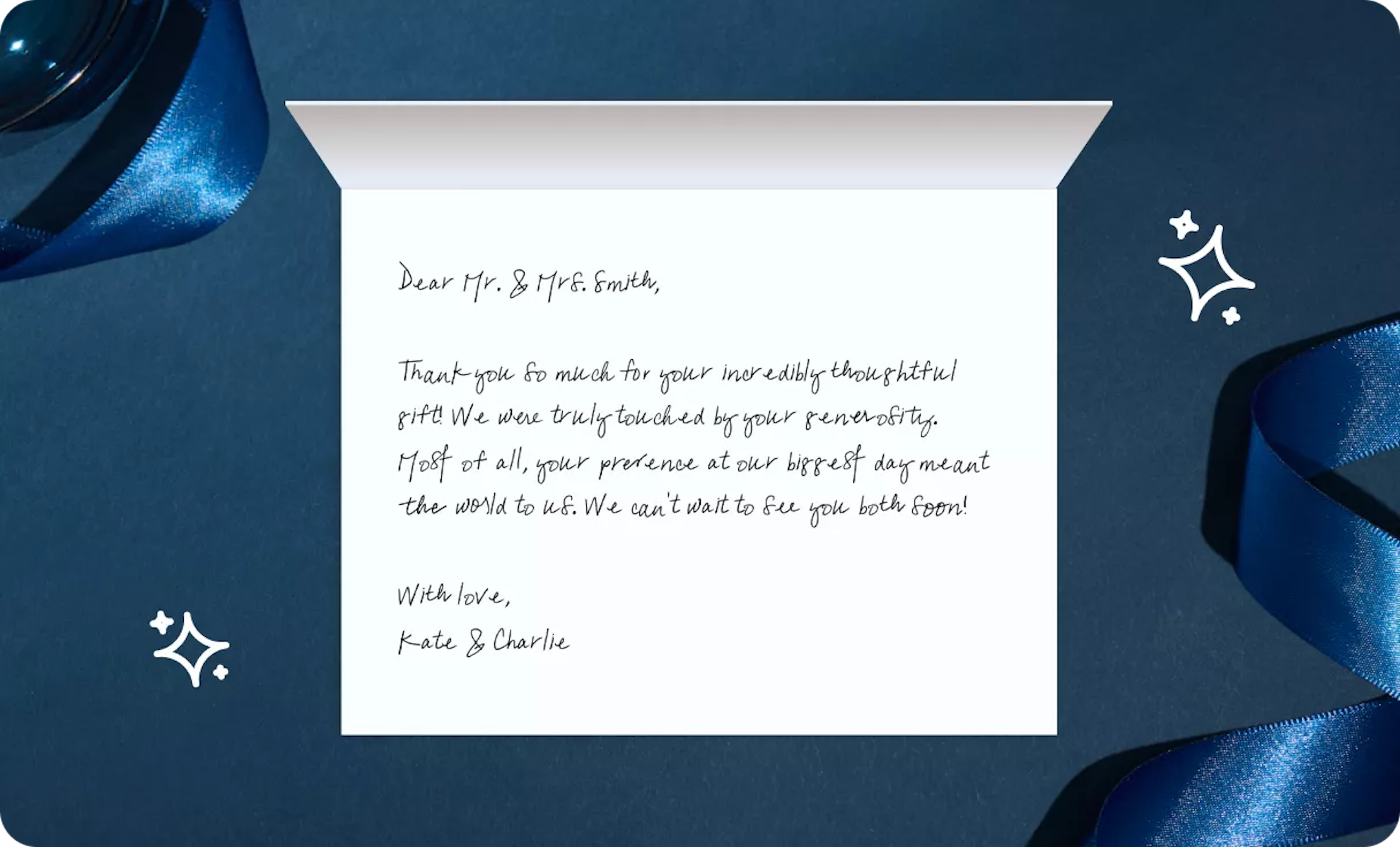 An open card with a short thank you message printed on the inside