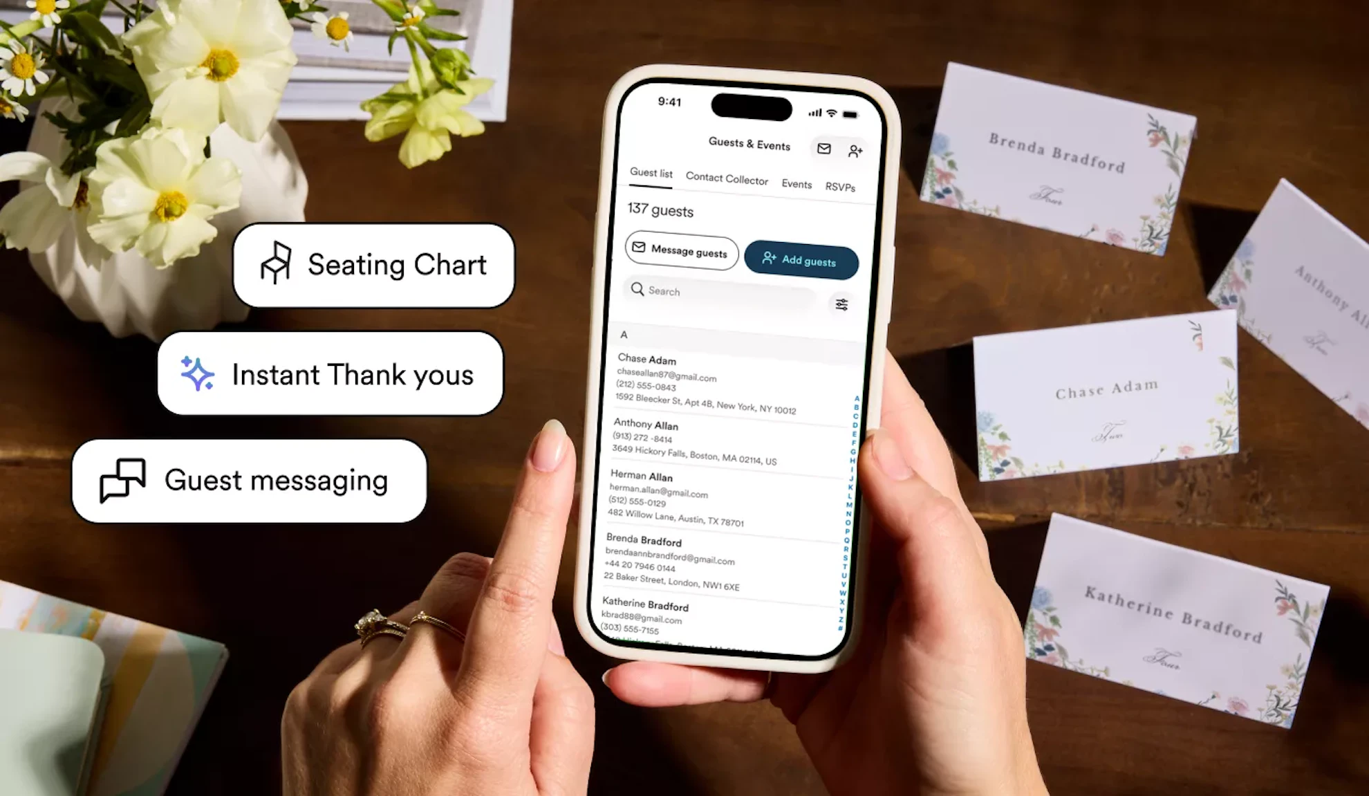 Guest list app showing seating chart, instant thank yous, and guest messaging features