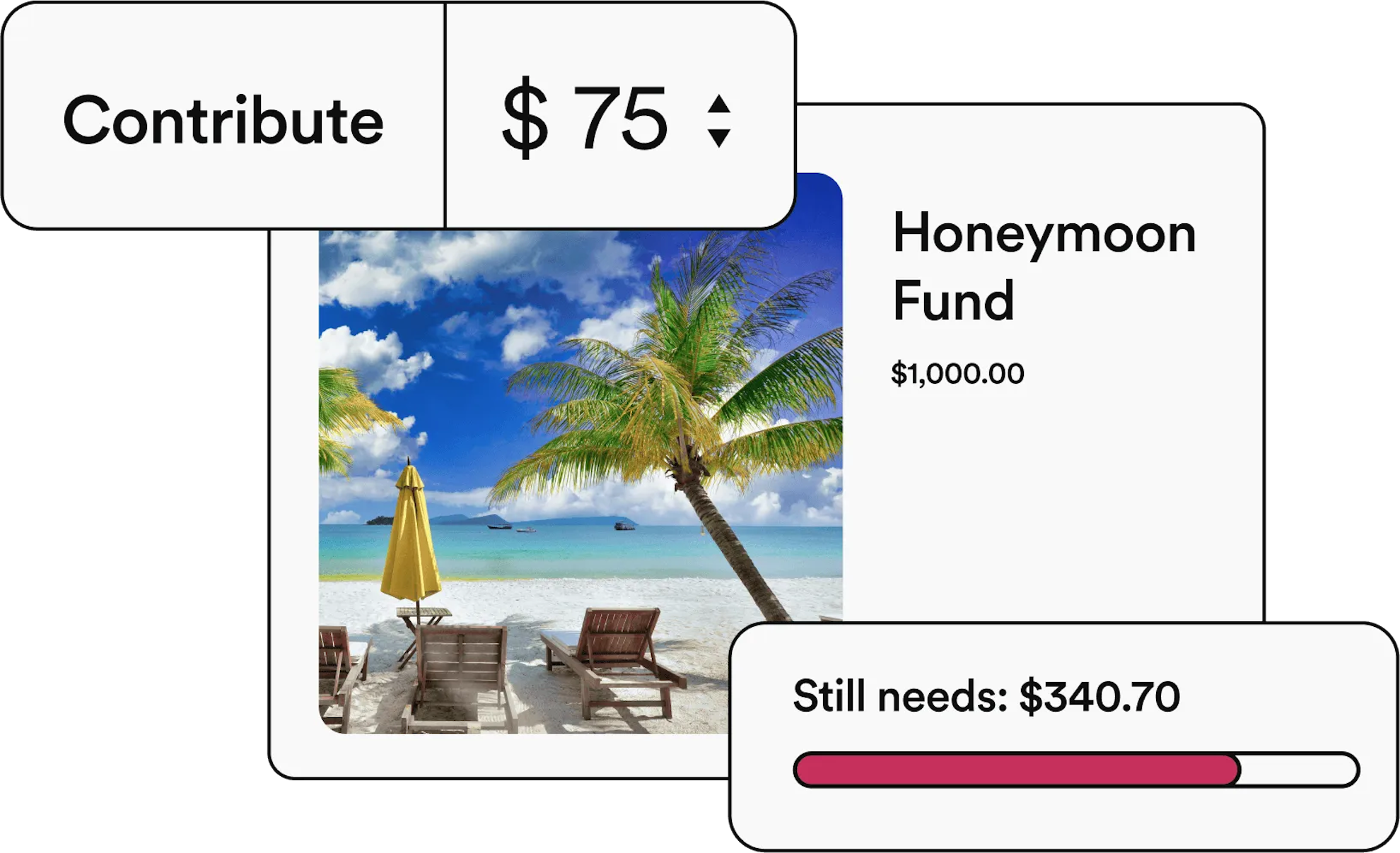 Honeymoon fund... Contribute: $75.00. Still needs: $340.70.