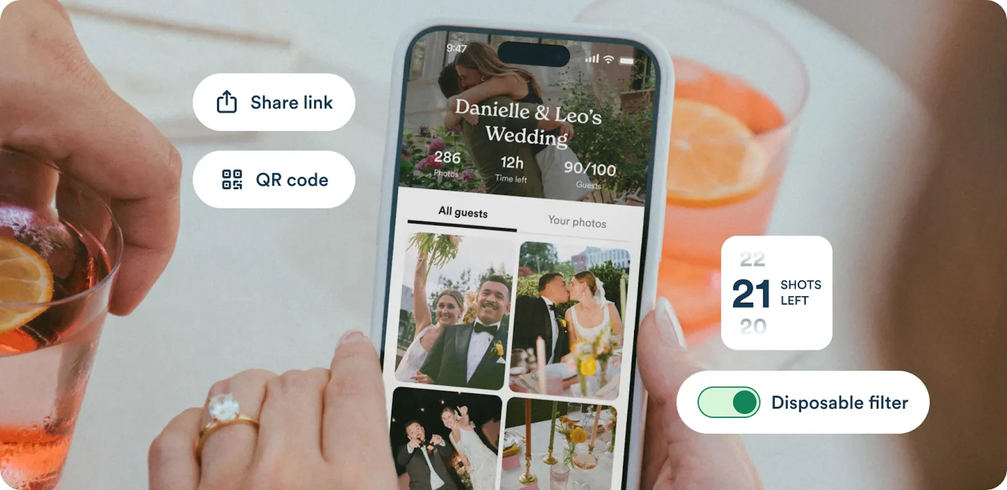 A guest holds a phone showing a wedding photo gallery with share-link, QR-code, and disposable-filter controls